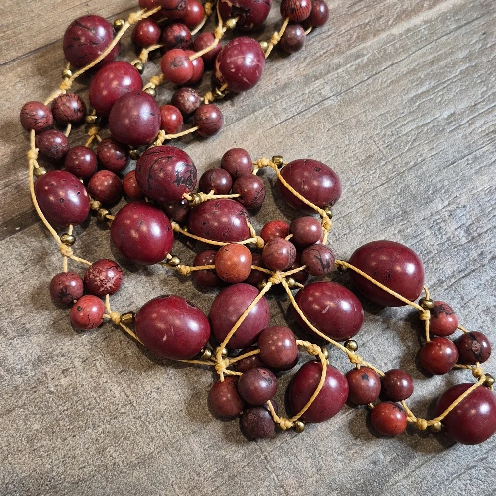 Vintage Cranberry Maroon Beaded Gold Tone Spacers Knotted Cord Long Necklace - Picture 12 of 14